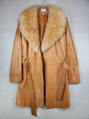 Britts Womens Vintage Dyed American Lamb Leather Fur Collar Long Coat Size 14 • $75