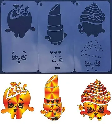 £5.95 • Buy SHOPKINS SET Of 3pcs APPLE LIPPY LIPS CUPCAKE QUEEN Kids Party Airbrush Stencil
