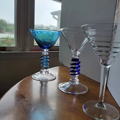 Martini Hand Blown Cobalt Blue Swirl( 2) One Clear Martini Glass Set Ot 3 • $29.17