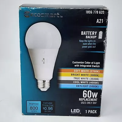 EcoSmart 8W LED A21 Light Bulb 5CCT Color Switchable Battery Backup Dimmable • $7.19