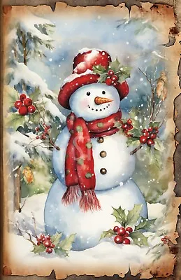 Vintage Victorian Christmas Snowman & Holly #10 Craft Sewing Cotton Fabric Block • $14.80