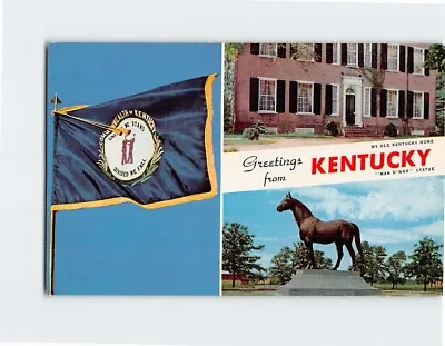 Postcard My Old Kentucky Home Man O' War Statue & Flag Greetings From Kentucky • $6.97