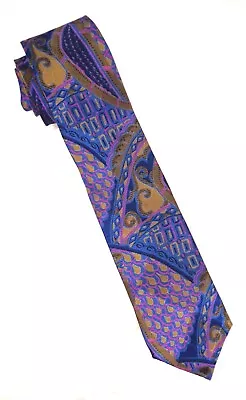 DIMITRI Men's 100% Silk Necktie ITALY Designer GEOMETRIC/ PAISLEY Blue/Gold EUC • $8.85