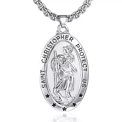 Large Mens Womens 24  Silver Chain Oval 1-3/4  St Christopher Pendant Necklace • $28.95