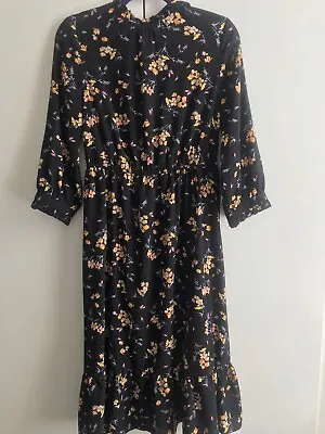 £6.99 • Buy Papaya Black Floral Elasticated Waist Frills Midi Dress Size 10 S M