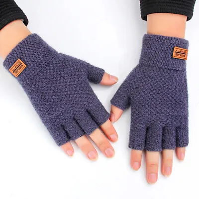 Mens Winter Warm Fingerless Alpaca Wool Hand Cycle Half Finger Knitting Gloves • $7.30