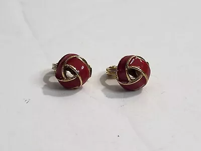 Vintage Monet Round Swirl Red Enamel Gold Tone Dainty Clip On Earrings • $6.99