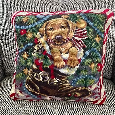 Vtg Lab Labrador Puppy Dog Needlepoint Christmas Pillow Cushion Yellow • $24.99