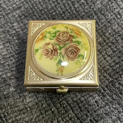 Vintage Flower & Alabaster Gold Tone Metal Square Hinged Trinket Pill Box Case • $12.95