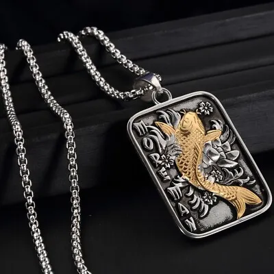 Men's Retro Stainless Steel Amulet Fish Pendant Necklace Jewelry • $9.99