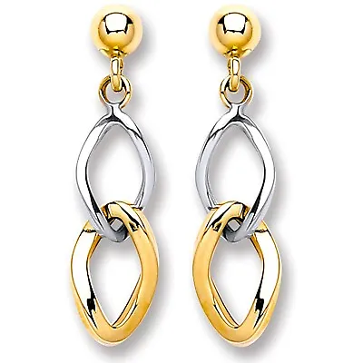 20% Off Yellow & White Gold Earrings 9ct Hallmarked Twisted Squares 28mm Drop • £87.32