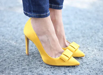 ZARA Mustard Yellow Silk Satin Pointed Pumps Heels Vamp With Bow Rare US7.5 EU38 • $29.60