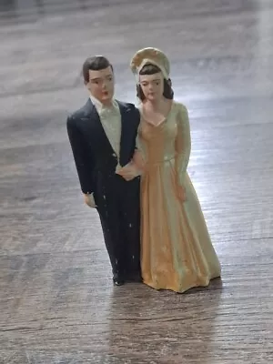 VTG 1940s CHALKWARE WEDDING CAKE TOPPER BRIDE & GROOM Brunette Cpl  • $8