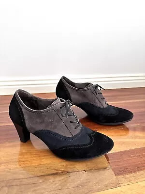 Gabor Suede Leather Heeled Oxfords Shoes UK 6 US 8 Black Navy Grey Colour Block • $59.50