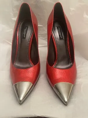 Dolce & Gabbana Size 39.5 Patent Red Heels Silver Chrome Cap Toe Heels • $299