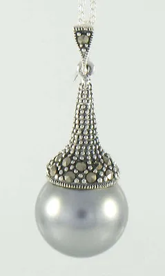 Marcasite Sterling Silver Cultured Tahitian Gray Pearl Solitaire Pendant 18  Ch. • $22.40