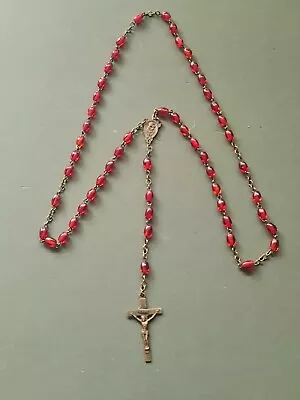 Vintage Red Glass Beads + Metal Crucifix Rosary #143 • £4.95