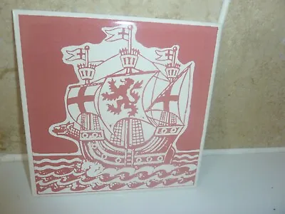 1970's Johnson 15.4cm Square Tile With Pink &white Image Of 13/14thc Battle Ship • £35