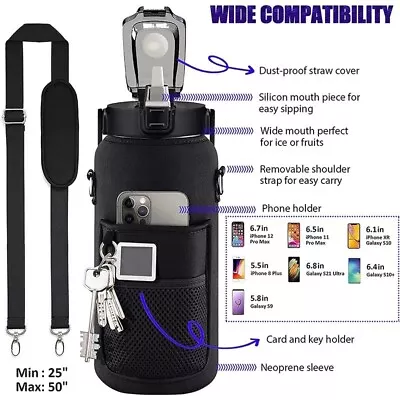 Half Gallon Black Water Bottle With Sleeve 2L Leak Proof BPA- Free With Straw • $19.49