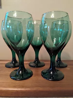 Vintage Libbey Juniper Teal Water Goblet Wine Glass W/ Gold Rim Set Of 5 EUC • $25