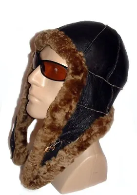 £44.39 • Buy NEW! Handmade Mens Sheepskin Bomber Aviator Pilot Fur Hat Real Leather Size L-XL