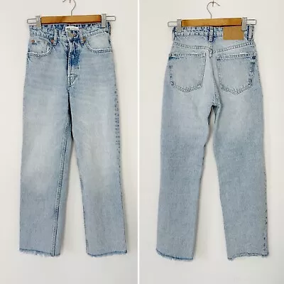 Zara Light Blue Denim Super High Rise Waist Straight Leg Cut Off Ankle Jeans 0 • $19.99