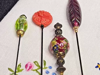 Vintage 4-Pc Lot Metal Glass Carved Plastic Hat Stick Pins 8  - 10  Red Green • $23