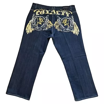 Urban Label Loyalty Spellout Denim Baggy Jeans Dark Wash Mens 42x32 Blue • $49.99