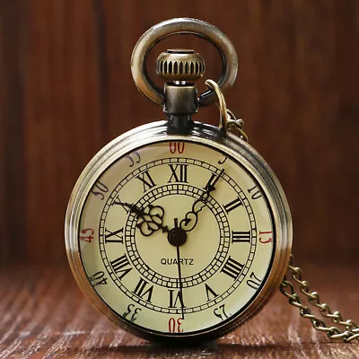 Open Face Quartz Pocket Watch Roman Numbers Analog Display With Necklace Chain • $4.69