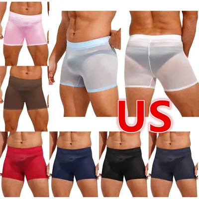 US Men's Semi See Through Low Rise Boxer Briefs Ice Silk Stretchy Short Pants • $8.36