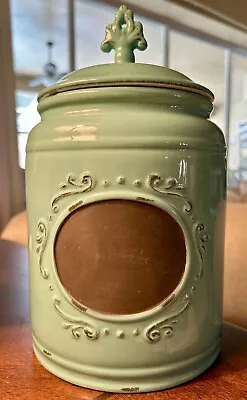 French Country Teal - Turquoise Canister With Lid And Front  Oval Chalkboard • $15