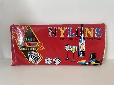 Vintage FOUR QUEENS HOTEL CASINO Nylon Stockings NIP New! Size 10 In “Cinnamon” • $14.99