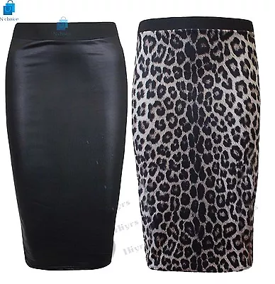 WOMENS WET LOOK PENCIL SKIRT FAUX LEATHER BODYCON HIGH WAIST MIDI SKIRT Lot SIZE • £4.95