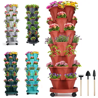 7 Tier Vertical Garden Tower Stackable Planter Herb Flower Veg Pots Plastic • $39.86