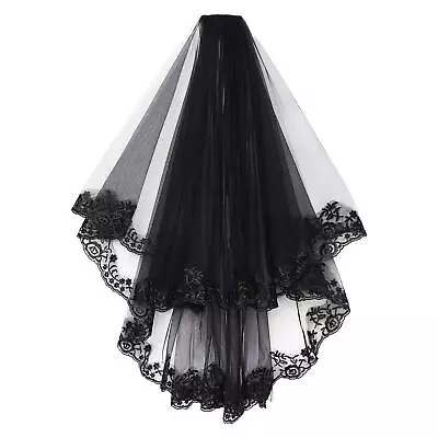 Black Lace Mantilla Bridal Cathedral Birdcage Gothic Veil Wedding With Comb • £11.59