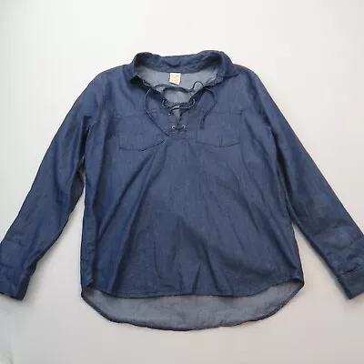 Faded Glory Womens Chambray Shirt Size Large Lace Up Collared Popover Casual Top • £15.56