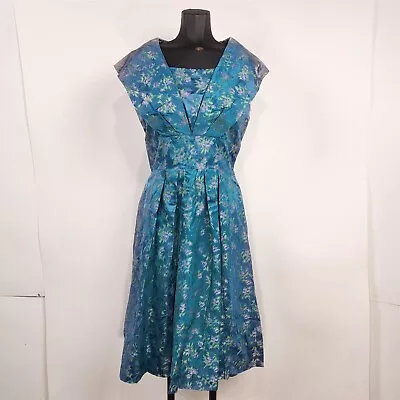 Vintage Teal & Lavender Floral Print Brocade Dress - Fading • $44.95