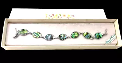 Vintage New Abalone Shell Inlay Chain Bracelet Silver Tone Metal In Box 7  Long • $14.99
