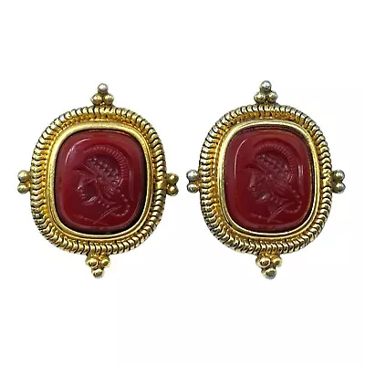 Vintage Vendome Pierced Earrings Gold Tone Carved Faux Sardonyx Intaglio Cameo • $41.24