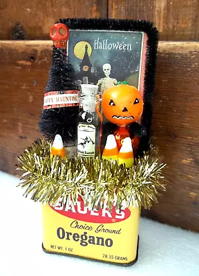 * VINTAGE & MODERN Spice Tin HALLOWEEN Bottle Brush Tree PUMPKIN Assemblage • $33