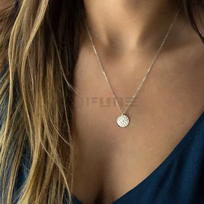 Women Silver Tone Round Coin Hammered Disc Pendant Necklace Cable Chain Jewelry • £3.99