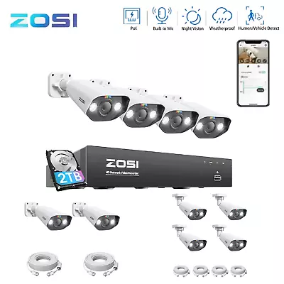 ZOSI 8CH 4K H.265+NVR 5MP Outdoor PoE Security Home Camera System AI Audio • $289.99