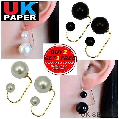 New Pair Celebrity Large Double Pearl Gold Earrings Bead Drop Ball Ear Stud Uk • £2.84