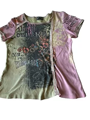 Vanilla Sugar Y2k Knit Top Tee Novelty Graphic Medium Embellished Lace Bead Pink • $20