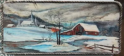 Vintage Oil Painting On Board Weston VT? Church Signed Rock 1977 Rope Border 22  • $130