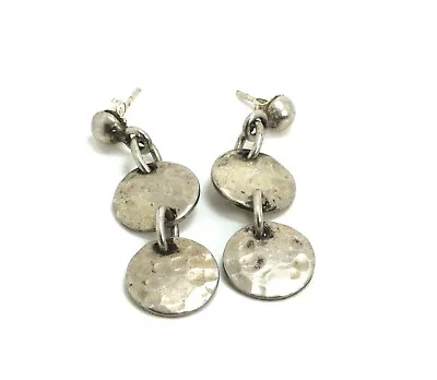 Vintage Taxco Mexico Sterling Silver Hammered Finish Disk Dangle Earrings • $65