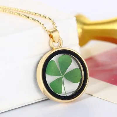 Four (4) Leaf Clover St Patricks Day Green Necklace Pendant Gold- Good Luck • $11.99