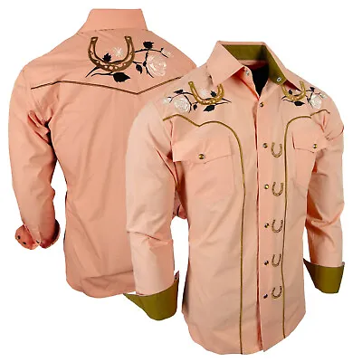 $39.95 • Buy Mens Country Western Dusty Pink Shirt Floral Embroidery Rodeo Snap Up Pockets