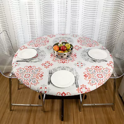 Round Vinyl Tablecloth Fitted Elastic Flannel Back Table Cover 60  And 48  PEVA • $14.99