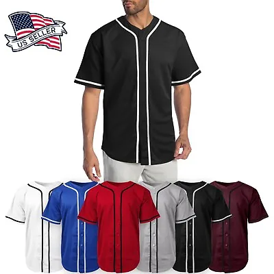 Mens Baseball Jersey MLB Plain T Shirt Team Uniform Solid Button Tee • $16.99